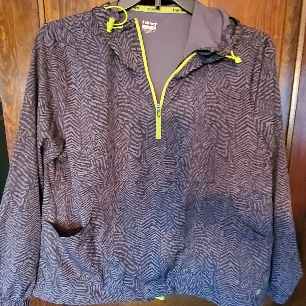 HIND Womens Grey Black Running 1/4 Zip Pullover Hooded Jacket Size L Zebra Print